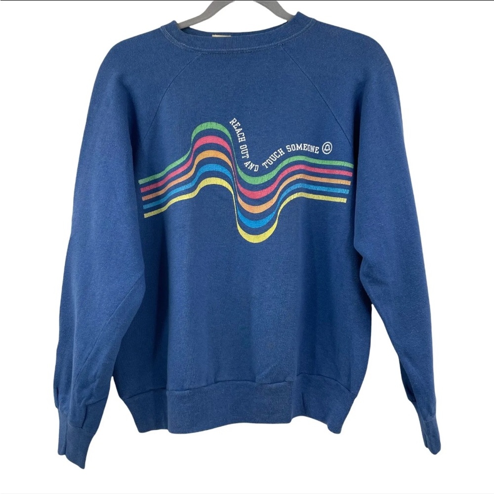Vtg 70s Velva Sheen Reach Out and Touch Someone Blue Sweatshirt Bell Telephone